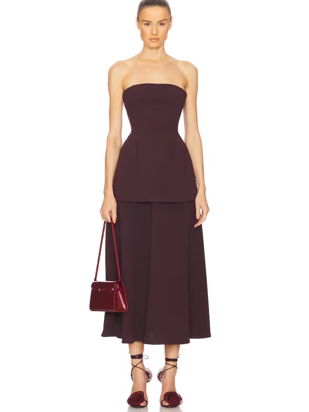 HELSA Crepe Strapless Top and Skirt Set in Deep Burgundy